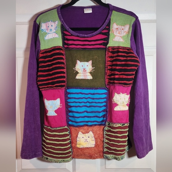 Greater Good Network Women L/XL T-Shirt Multicolor Cat Patchwork Long Sleeve Top - Picture 1 of 6